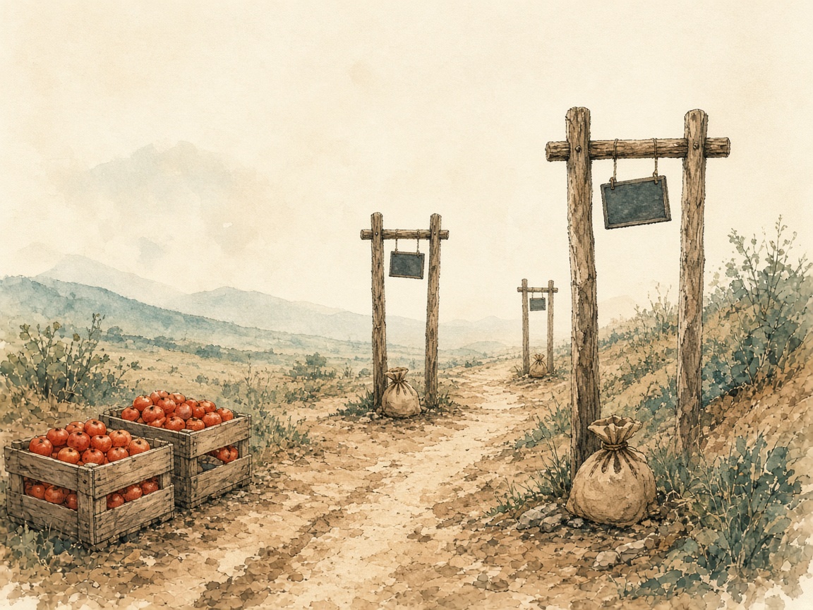 Editorial illustration of a dusty delivery path with wooden gateposts, blank review boards and small cash pouches beside tomato crates.