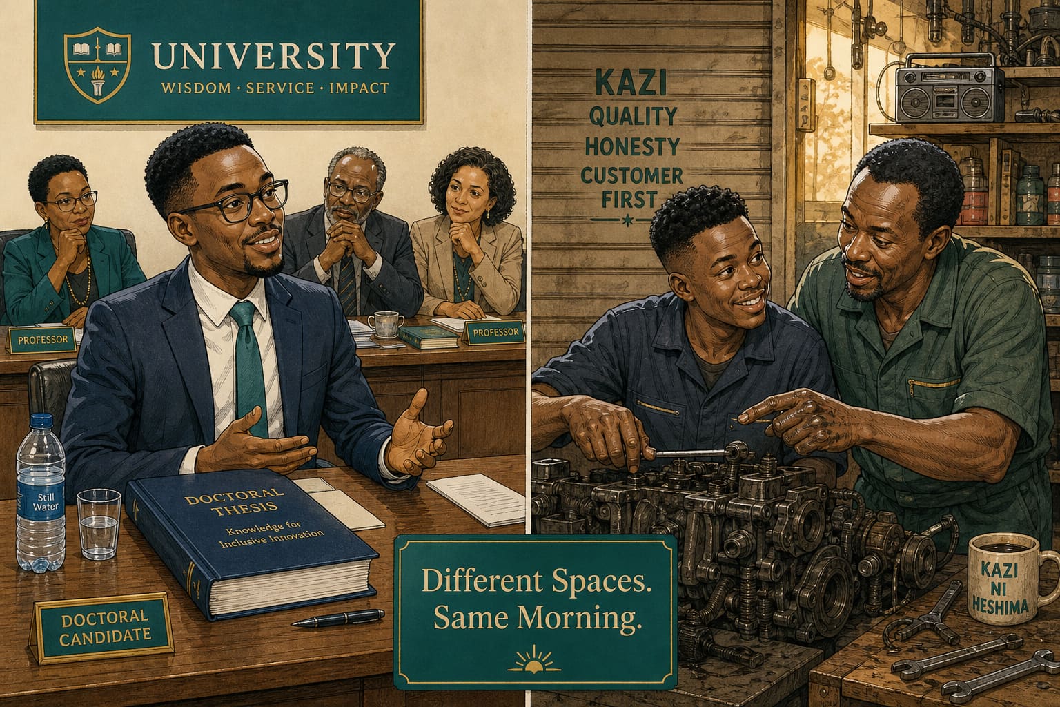Editorial caricature of two laboratories on the same morning: a doctoral defence with a bound thesis, and a Kenyan workshop where an apprentice and fundi listen to an engine.