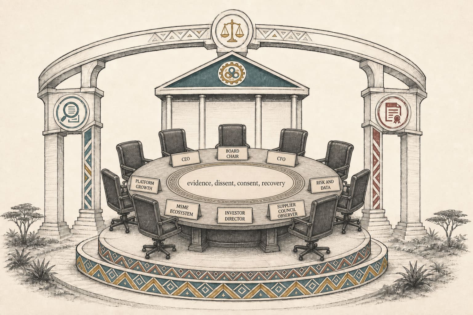 Editorial circular board table with empty chairs labelled Board Chair, CEO, CFO, Platform Growth, Risk and Data, MSME Ecosystem, Investor Director, and Supplier Council Observer.