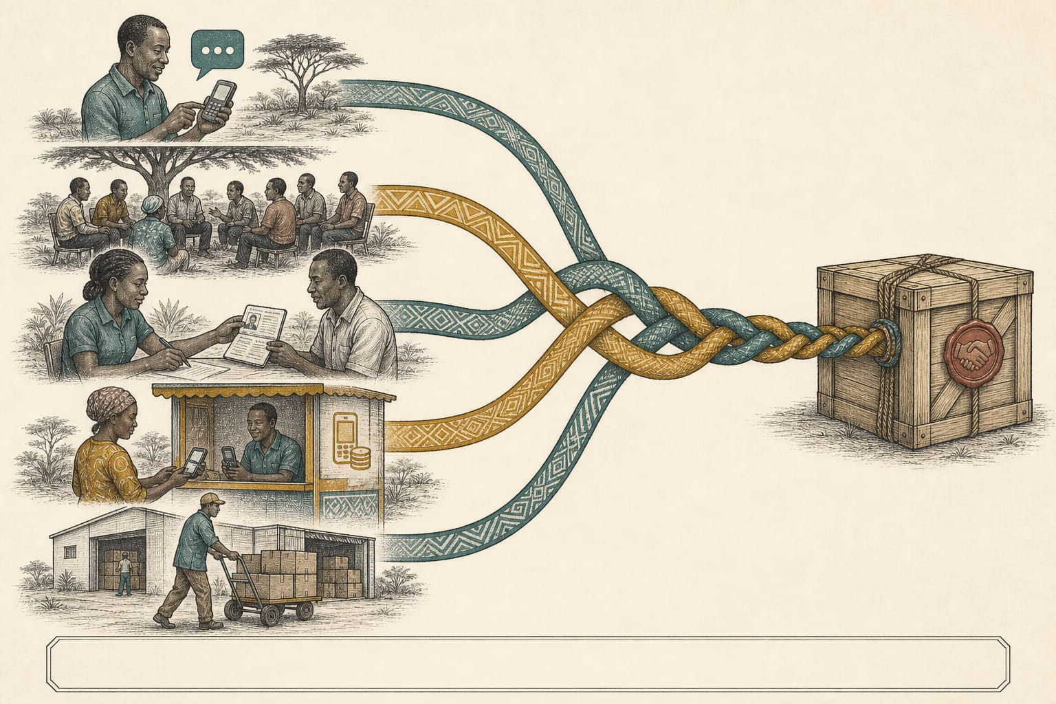 Editorial illustration of an East African platform journey as a braid: WhatsApp discovery, association meeting, agent verification, mobile-money payment, and physical fulfilment woven into one kept promise.