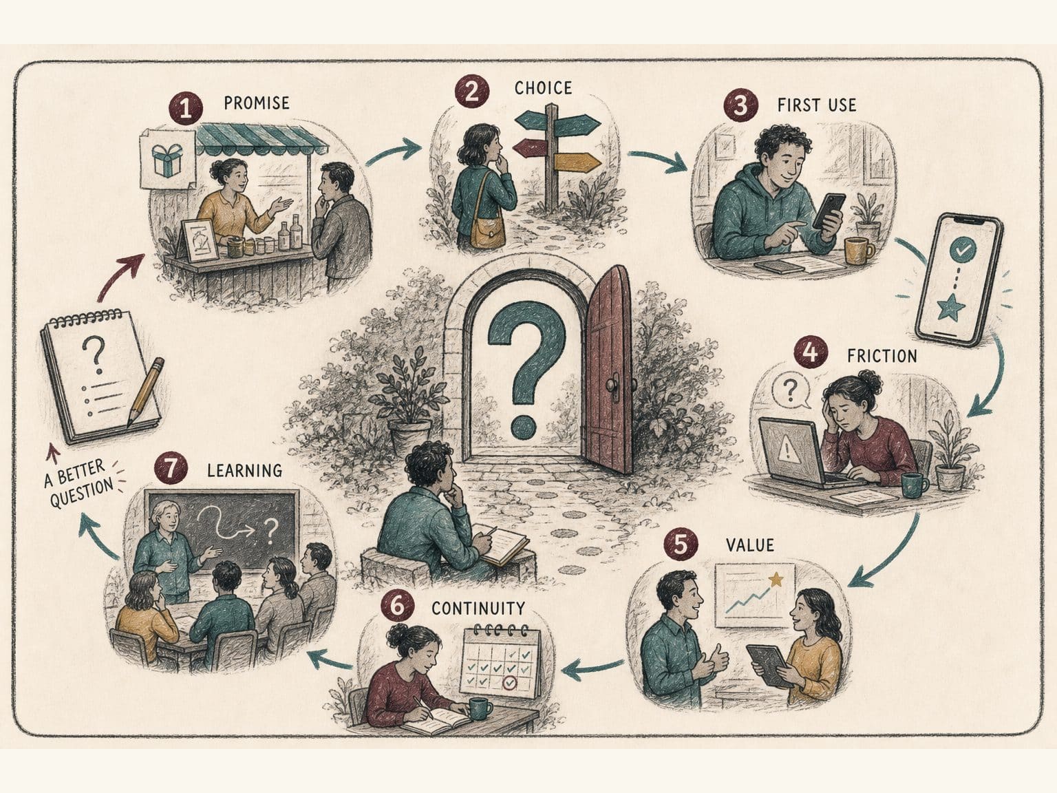 Editorial caricature of a circular Use Journey around a question-mark doorway, with stations for promise, choice, first use, friction, value, continuity and learning returning to a better question.