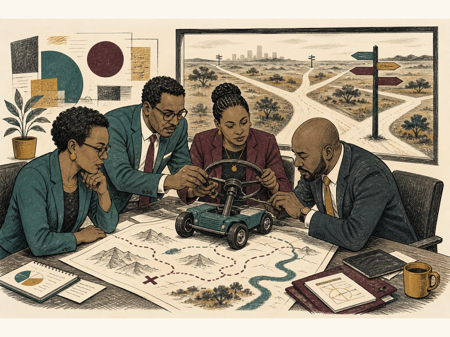 Editorial caricature of executives adjusting a steering wheel while their map is the wrong territory, with a real crossroads visible outside the boardroom window.